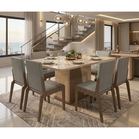 Conjunto Mesa com 6 Cadeiras Harmonia Marrom/Carvalho/Fendi