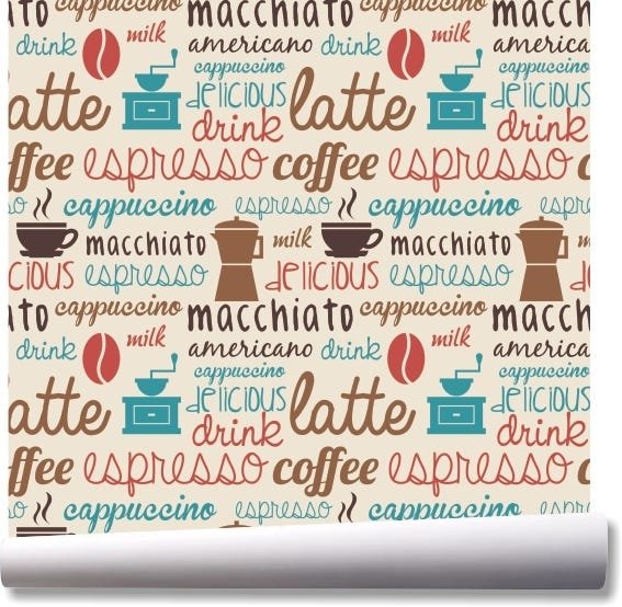 Papel de parede cozinha café letras grãos cappuccino gourmet A218 - 1