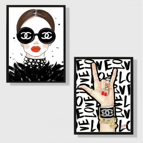 Kit 2 Quadros Fashion Moda Rock 45x34cm:Madeira branca