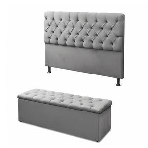 Cabeceira Mais Calçadeira Baú King 195cm para Cama Box Sofia Suede Cinza