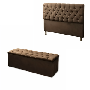 Conjunto Cabeceira Casal King + Calçadeira Baú Sofia 195cm Marrom