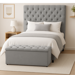Conjunto Cabeceira Casal Casal + Calçadeira Baú Sofia 140cm Cinza - 2