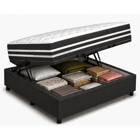 Kit Cama Box Baú Casal 138x188 cm + Colchão Molas Ensacada Casal 24 cm Preto Suede