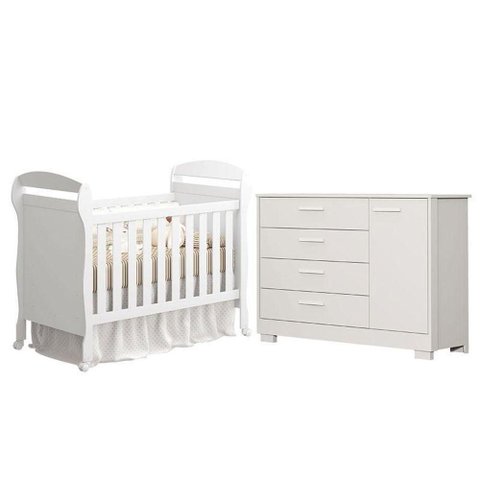 Berço Americano Danny com Cômoda Infantil Zaki em MDF Branco Acetinado