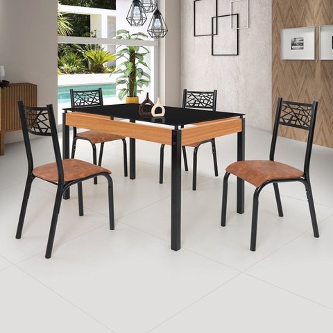 Conjunto Sala de Jantar Mesa 120x77cm Tampo Vidro com 4 Cadeiras Jade Preto/Fosco/Caramelo