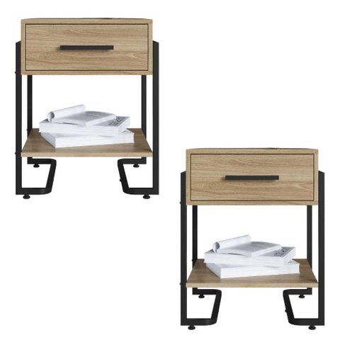 Kit 2 Mesas de Cabeceira P1059 49 Cm Oak Preto Pp Milani Store
