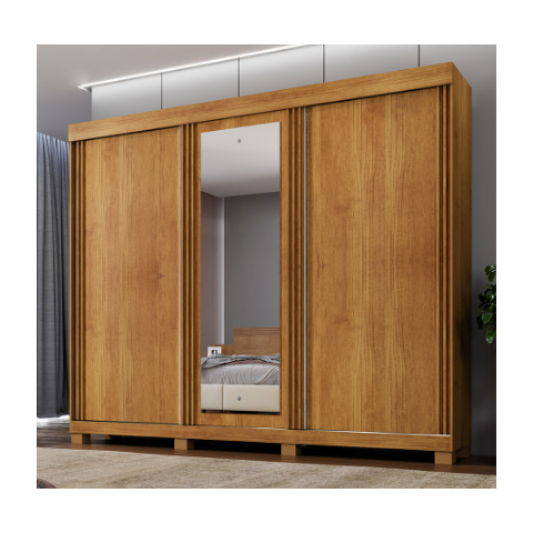Guarda Roupa Casal MDF 3 Portas de Correr 6 Gavetas com Pés 270cm Siena Cinamomo - Benetil