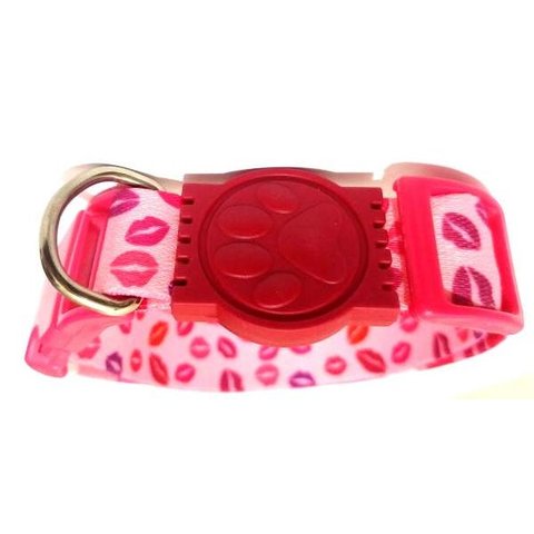 Coleira Seda 25mm rosa estampa de beijinhos (32cm49cm)