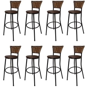 Kit 8 Banquetas Alta Encosto Junco Capuccino Assento Marrom