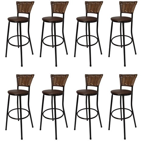 Kit 8 Banquetas Alta Encosto Junco Capuccino Assento Marrom