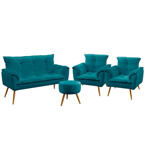 Kit Poltrona Namoradeira e 2 Poltronas Beta com Puff Solar Suede Azul Turquesa Aradecor