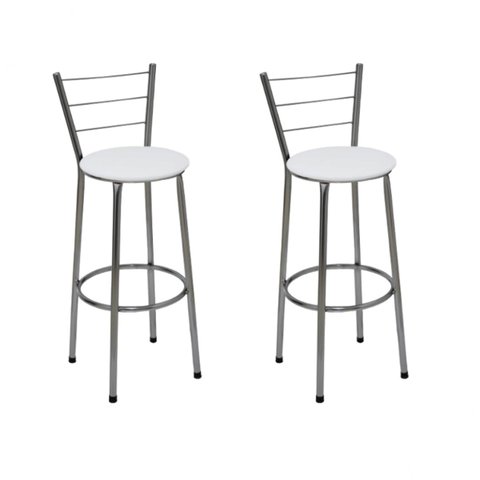 Kit 2 Banquetas Média Cromada Com Encosto Assento Branco