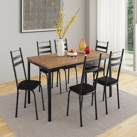 Conjunto Sala de Jantar Mesa Retangular Tampo BP com 6 Cadeiras Adriana Preto/Demolição