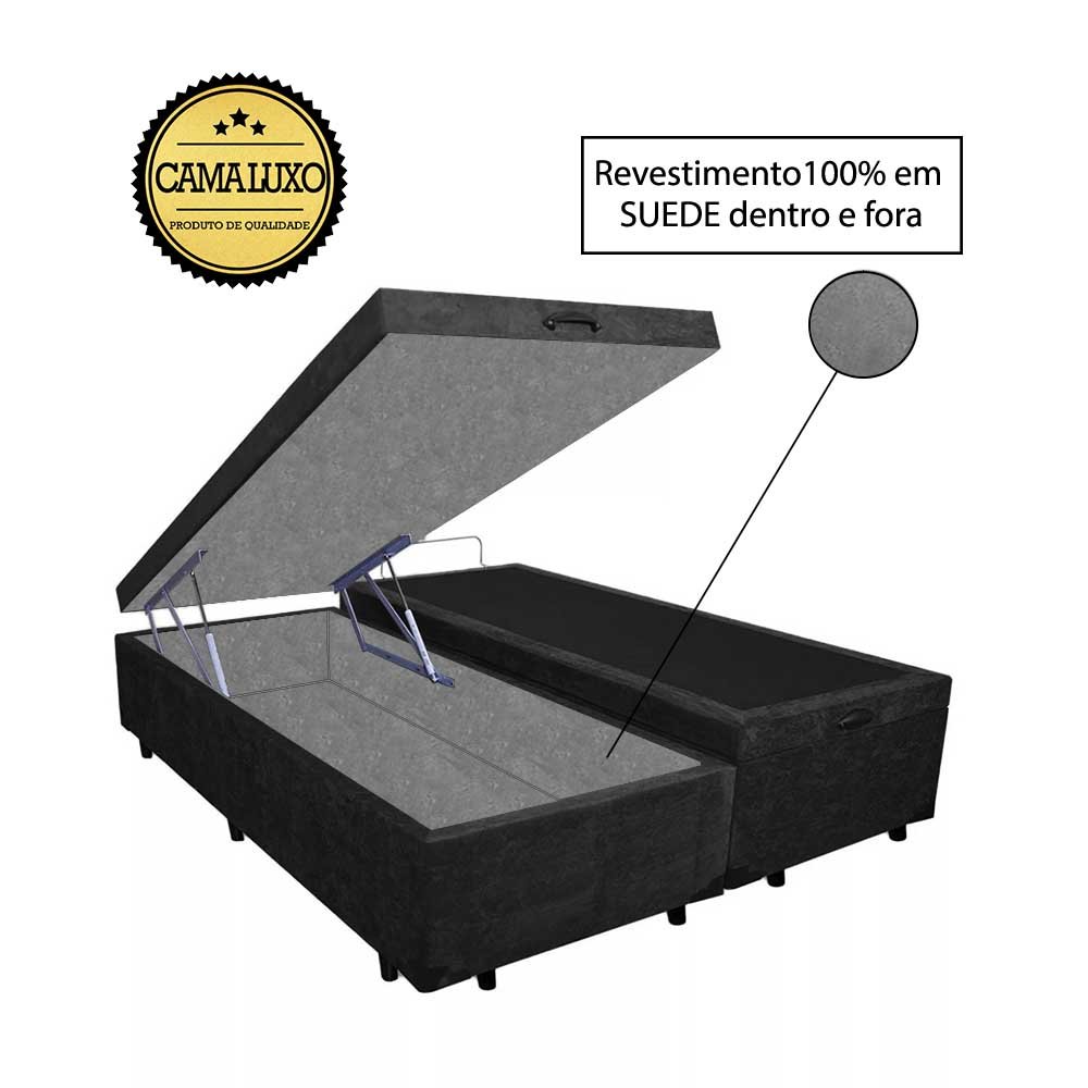 Base Box Baú Casal Luxo Blindado Bipartido NK Camas Suede Preto 49x138x188