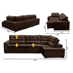 Sofá de Canto Retrátil e Reclinável com Molas LD 3,00x2,00m Viviane Suede Marrom Madelina Decor - 2