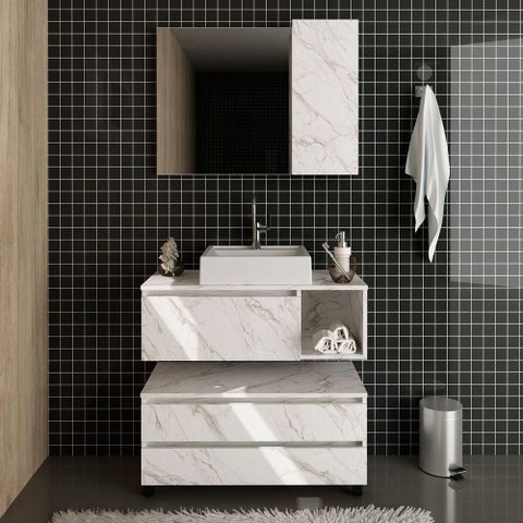 Kit Gabinete Balcão e Espelheira de Banheiro Marina Mármore Branco