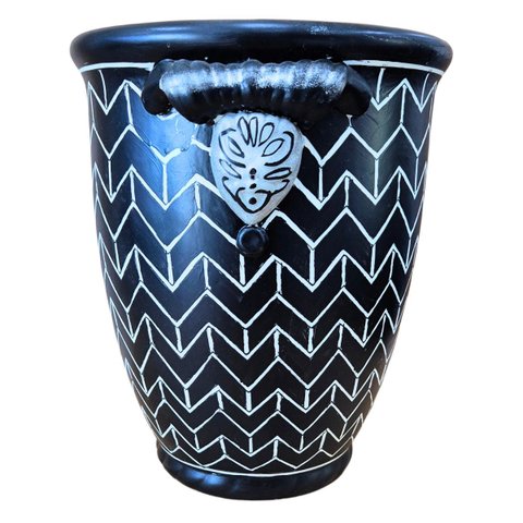 Cachepot Vaso Cerâmica Preto e Branco Estampa Chevron Pintado À Mão 25cm Columbus Gold