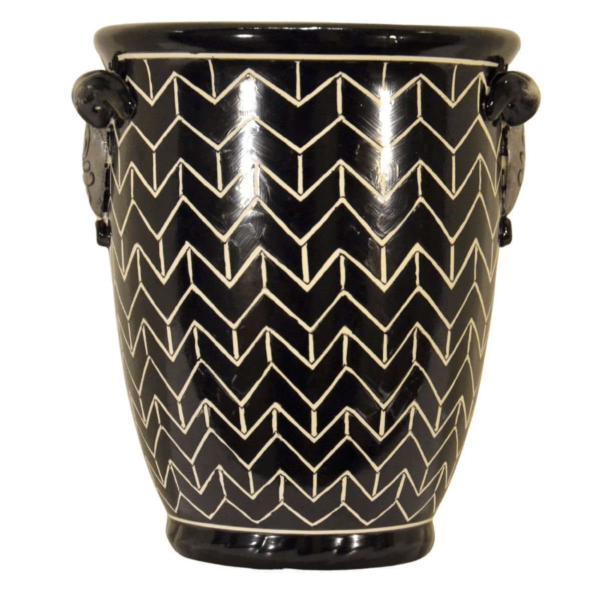 Cachepot (vaso) de cerâmica com fundo preto e pintura estilo "Chevron" em cor branca