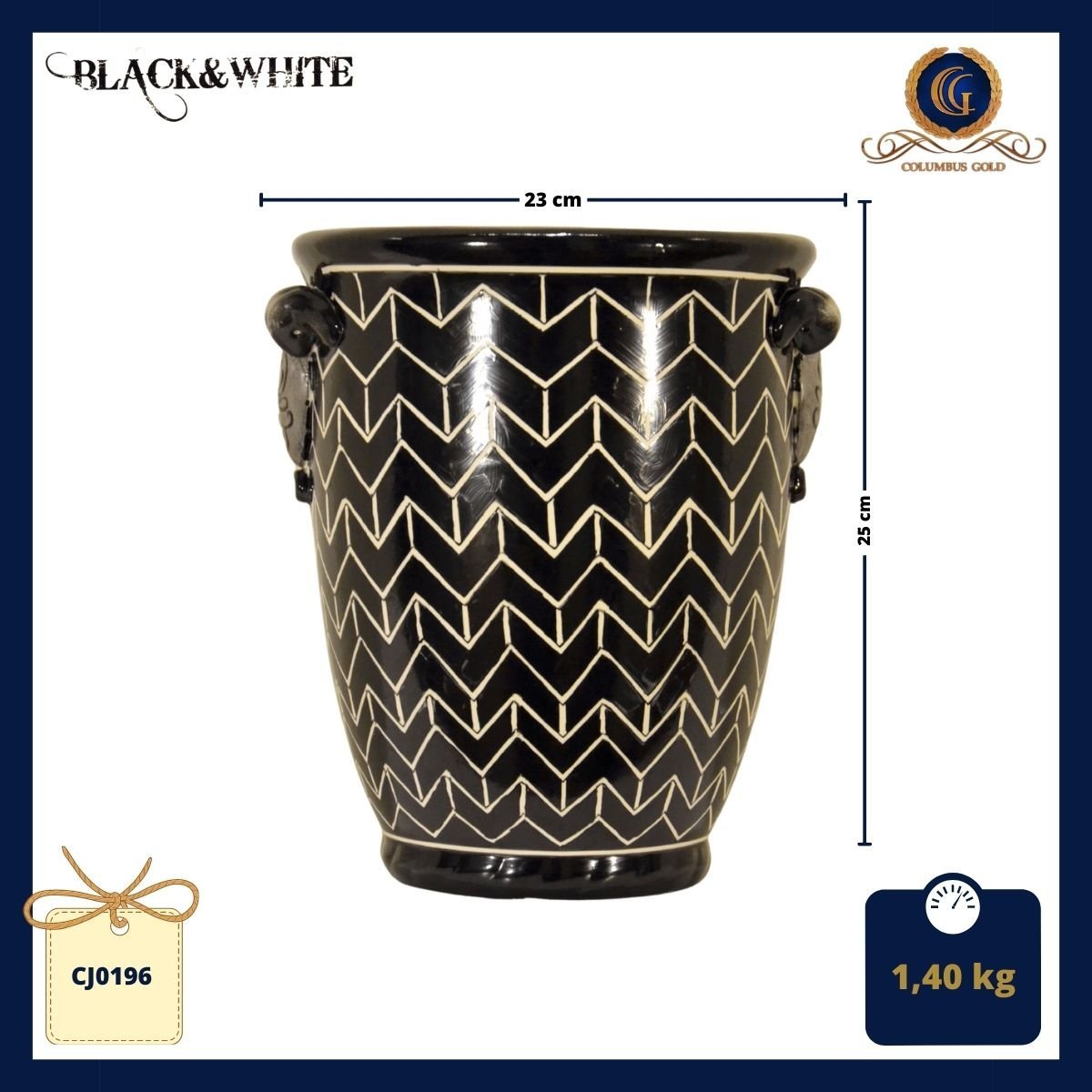 Cachepot (vaso) de cerâmica com fundo preto e pintura estilo "Chevron" em cor branca - 2