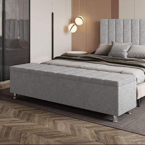 Calçadeira Baú Recamier Estofado Casal 140 Cm Ônix Linho Cinza