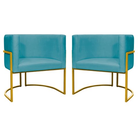 Kit 2 Poltronas Decorativa Luxo Base de Metal Dourada Escritório Recepção Sala Suede Verde Agua Eli