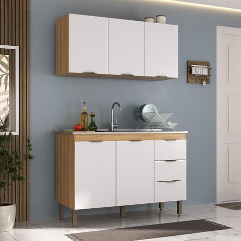 Balcão para Pia de Cozinha 120cm 3 Gavetas B00120007 Carvalho/Branco - Ozini Móveis