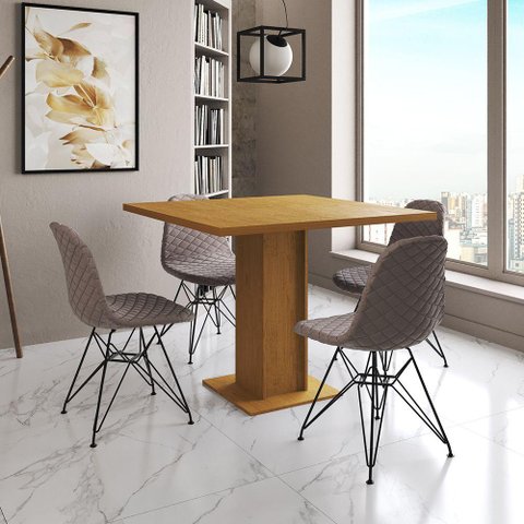Mesa Jantar Londres Quadrada Canela 90cm 4 Cadeiras Eames Estofadas Nude Médio Ferro Preto