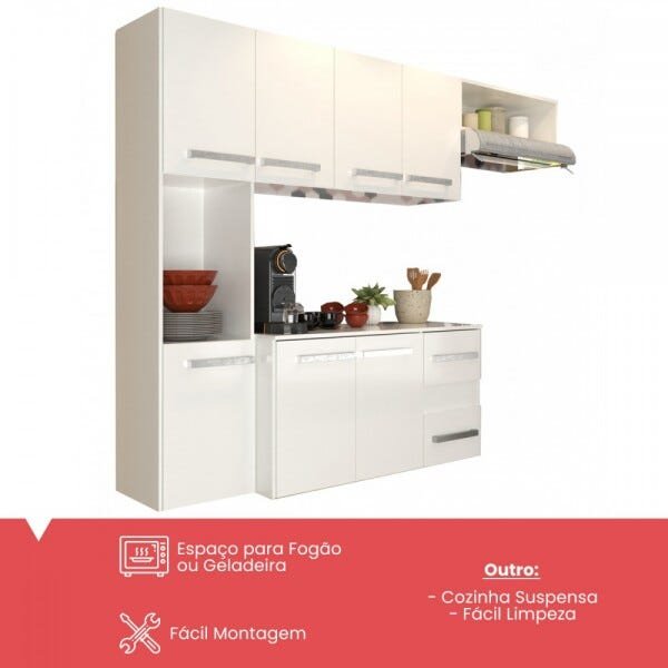 Cozinha Compacta Suspensa 7 Portas 2 Gavetas Armário e Balcão Loft Branco - Panorama Móveis - 2