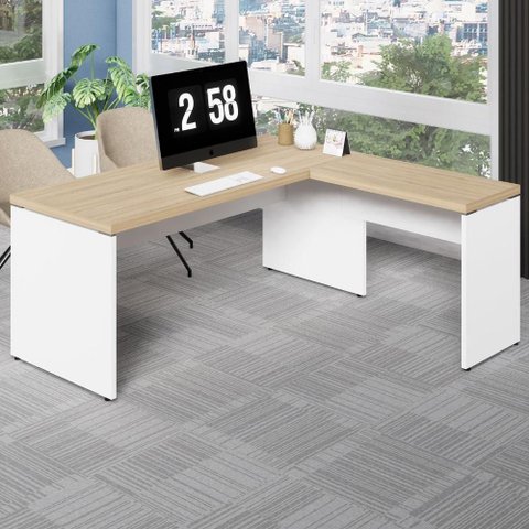 Mesa de Escritório em L F5 Office Pé Painel Moderno sem Gavetas 170cm Macadâmia com Branco