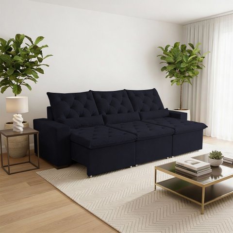 Sofá Retrátil Confort 230m Suede Macio Estrutura Reforçada e Reclinável Milão Preto