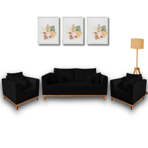 Conjunto de Sofá Beny Preto 3 Peças, 1 Sofá 1,80m e 2 Poltronas, Tecido Linho.