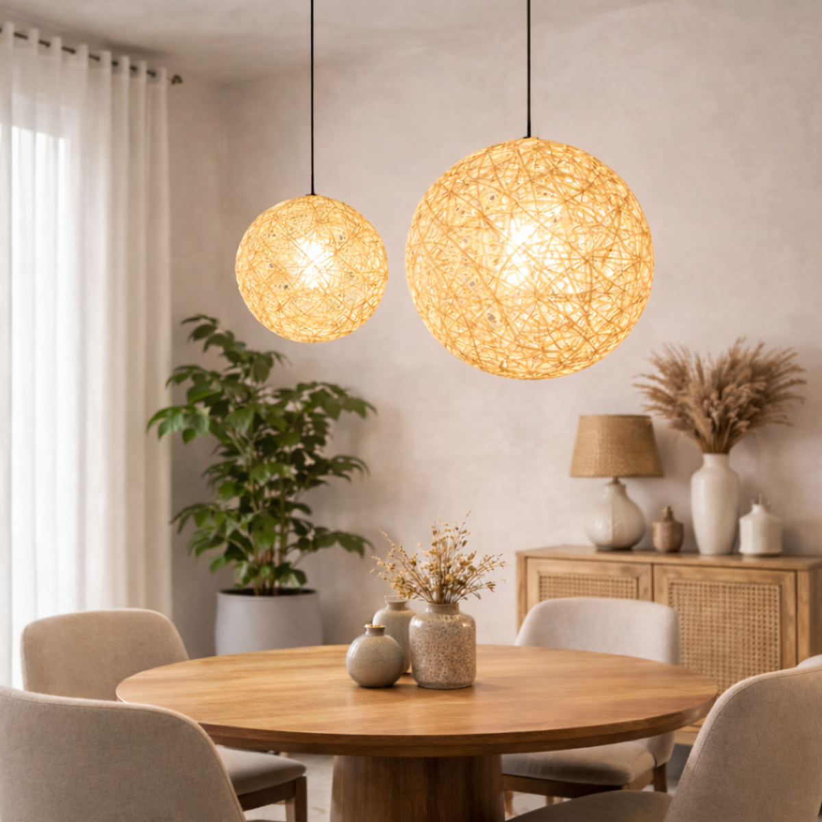 Ver imagem 1 de 2 X Luminárias Pendentes 30cm 40cm Globo Rattan Natural Lustre Rústico Bola Teto Lpr-30-40