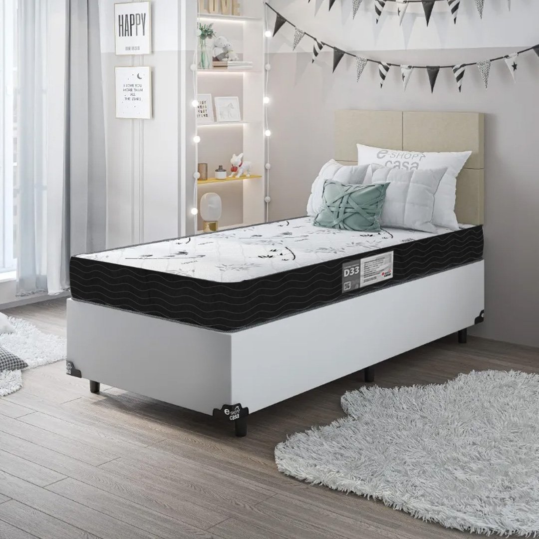 Cama Box Solteiro + Colchão D33 One Face - 56x88x188cm - E-shop Casa - Couro - 2