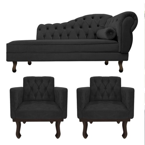 Kit Diva Recamier Diana 185cm Lado Esquerdo e 02 Poltronas Classic Linho Cinza Escuro - ADJ Decor