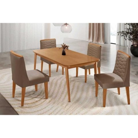 Conjunto: Mesa de Cozinha Havana Curvo 120cm + 4 Cadeiras Maldivas Naturale - Suede Capuccino -