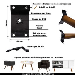 Kit 10 Chapinhas Chapa Inclinada 10º Fixação Pés Palito Rosca 5/16 Preto - 2