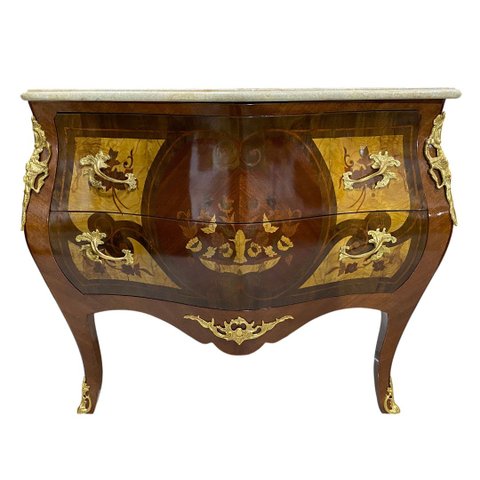 Cômoda Clássica Marchetada com 2 Gavetas e Tampo em Mármore 85x120x60cm