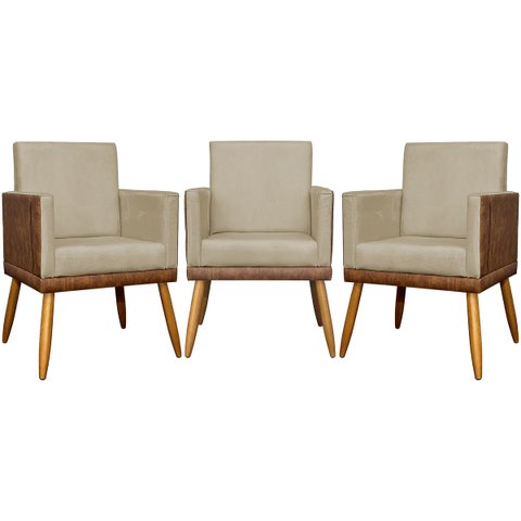 Kit 3 Poltronas Decorativas Modernas para Sala Lis Corino e Suede Cores Pé Palito
