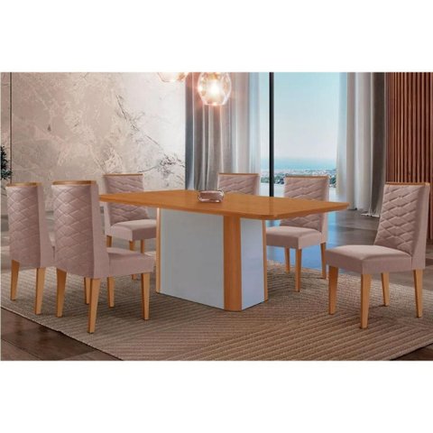 Conjunto: Mesa Sala Jantar Pietá Tampo Curvo 180cm+6 Cadeiras Dafne Madeira Naturale/off White -