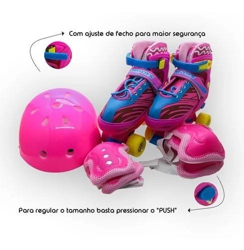 Patins Roller Ajustável com Kit de Proteção Capacete Infantil Rosa 34-37 Quatro Rodas - 8
