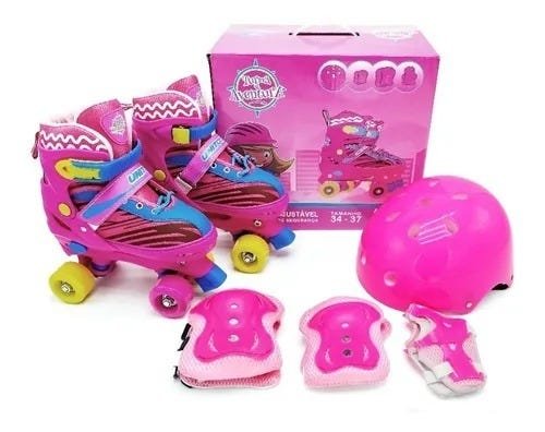 Patins Roller Ajustável com Kit de Proteção Capacete Infantil Rosa 34-37 Quatro Rodas - 1
