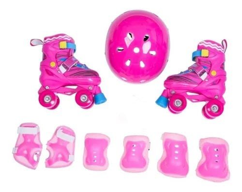 Patins Roller Ajustável com Kit de Proteção Capacete Infantil Rosa 34-37 Quatro Rodas - 2