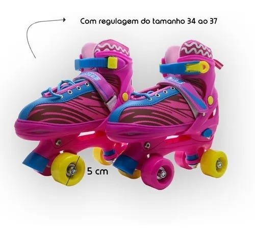 Patins Roller Ajustável com Kit de Proteção Capacete Infantil Rosa 34-37 Quatro Rodas - 7
