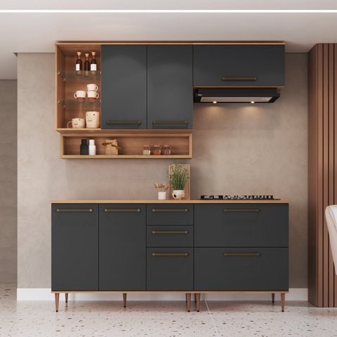 Cozinha Modulada 6 Peças com Tampo 120cm Nicho Decorativo Balcão para Cooktop Isabelle Cinza/Freijó/Grafite