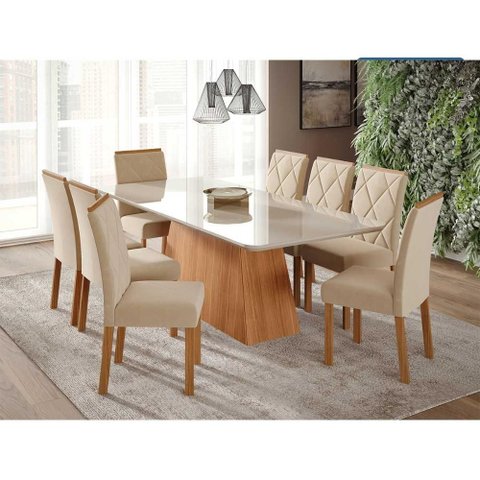 Mesa de Jantar Tampo de Vidro Off White Helena 2,10 e 8 Cadeiras Fernanda Cinamomo/off White/madeira