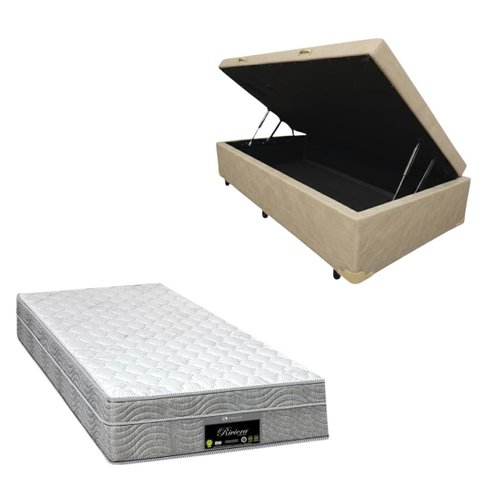 Cama Box Baú Blindada com Colchão Riviera Molas Ensacadas 25cm:corino Bege/solteiro