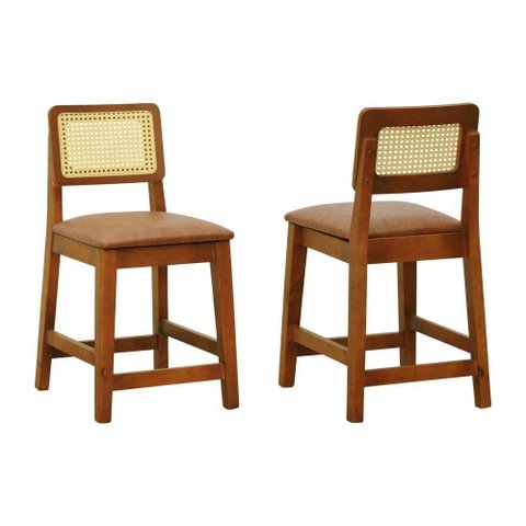 Kit 2 Banquetas Baixa-cadeira Gabi Madeira Maciça Encosto Telinha - Amêndoa Assento Estofado