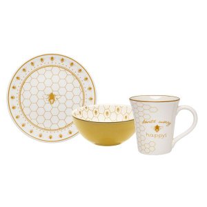 Conjunto para Lanche Bee Happy Amarelo e Branco com 03 peças
