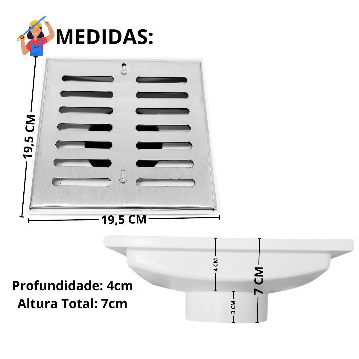 Ralo 20x20 Inox 304 com Abre Fecha Cocho Branco Saída de 75mm - 3