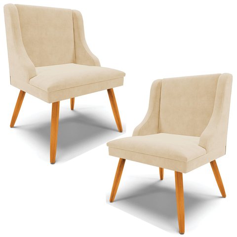Kit 2 Cadeiras Decorativas Sala de Jantar Pés Palito de Madeira Firenze Suede Bege/Natural G19 - Gra